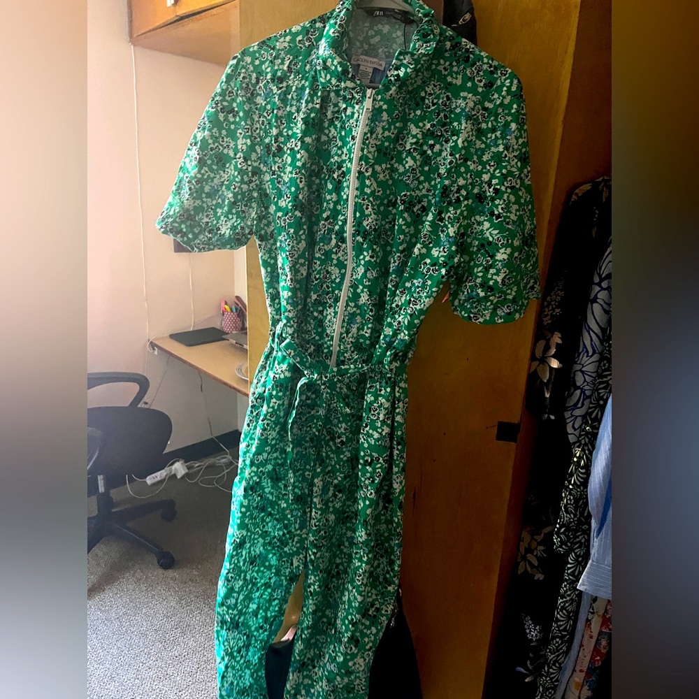 ZARA FLORAL GREEN MULTICOLOR CROP JUMPSUIT WITH BELT
